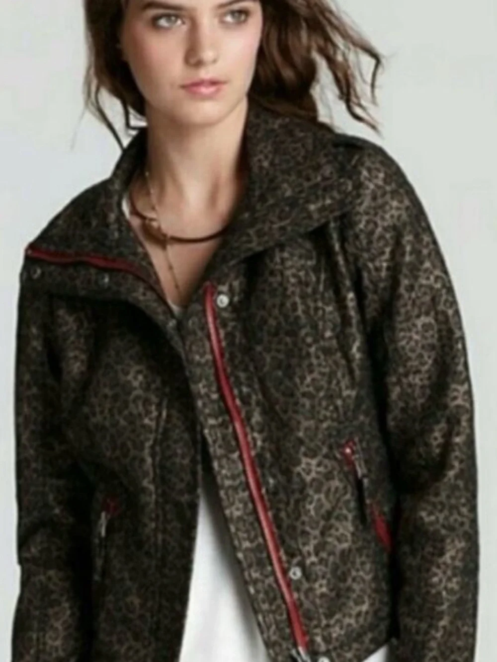 We The Free Leopard-Print Bomber Jacket with Red Trim Accents Size 2 Like New!